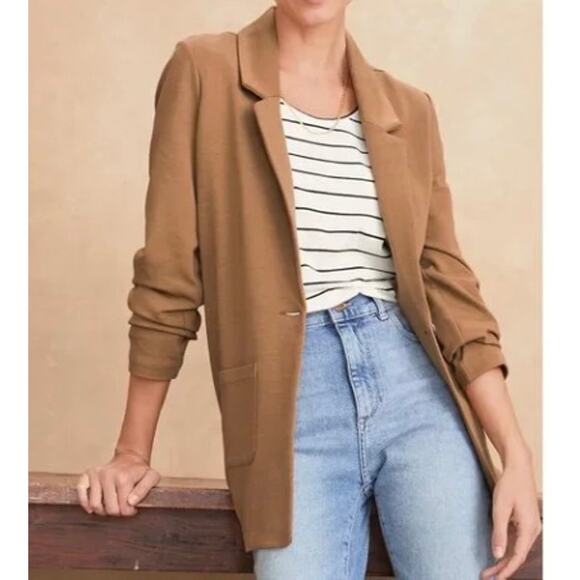 Garnet Hill Jackets & Blazers - Garnet Hill Knit Relaxed Blazer Womens Sz 8 Praline Brown Camel Academia‎ $169